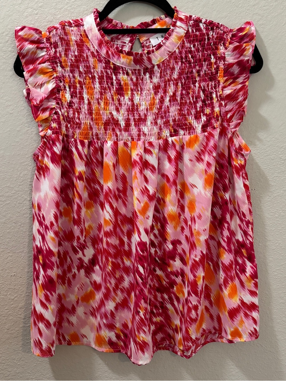 THML Smocked Ruffle Sleeve Pink Orange Abstract Print Blouse Size Small